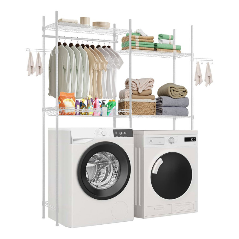 Over The Washer and Dryer Storage Shelf, 4 Tier Laundry Room Drying Rack with Hanger Rod and Hooks, Adjustable Over Washer and Dryer Shelves, Laundry Room Shelf Storage Space Saver