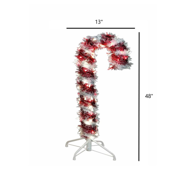 4' Pre-Lit LED Tinsel Candy Cane, 48" H x 4" W x 13" D
