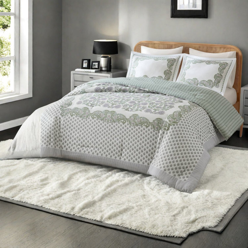 De lit double / grand, édredon floral riche en coton, vert sauge