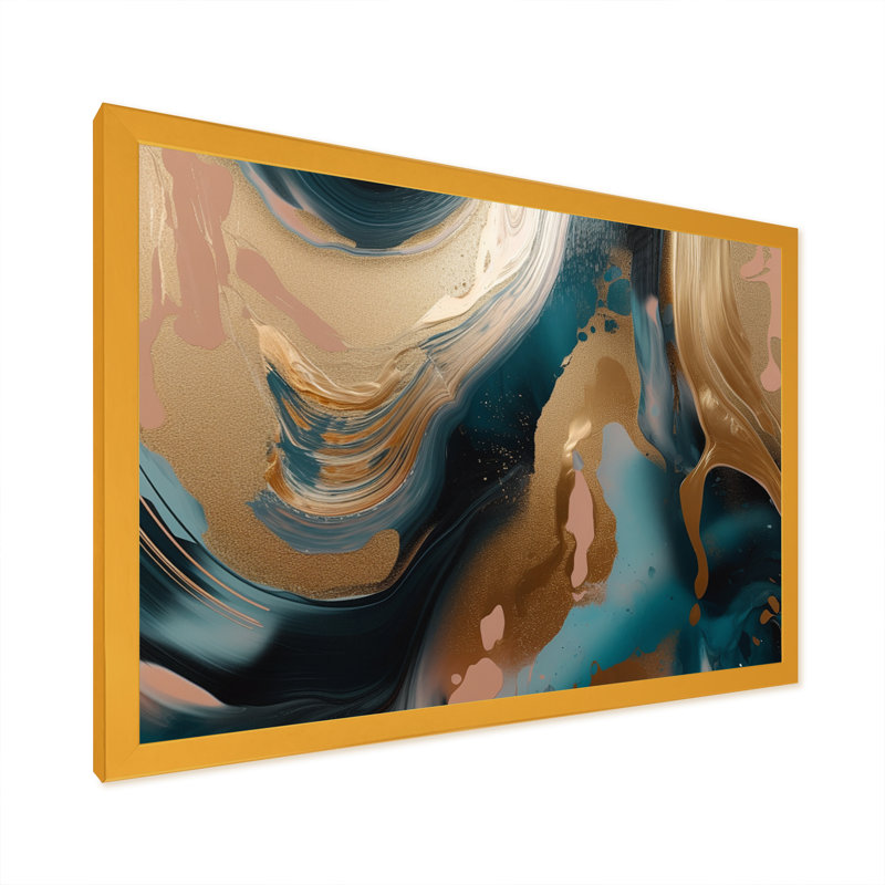 Or et vert marbré Euphoria II - impression sur toile de marbre abstrait, Cadre doré simple, H 34 po x l 44 po x P 1,5 po