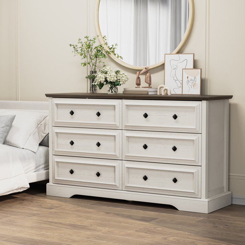 Farmhouse 6 Drawer Dresser For Bedroom, White/Brown