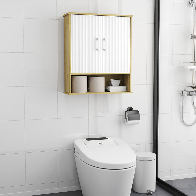 Armoire murale de salle de bain avec double porte, tablette inférieure, portes ondulées à motif, tablette intérieure réglable, installation facile, bois naturel