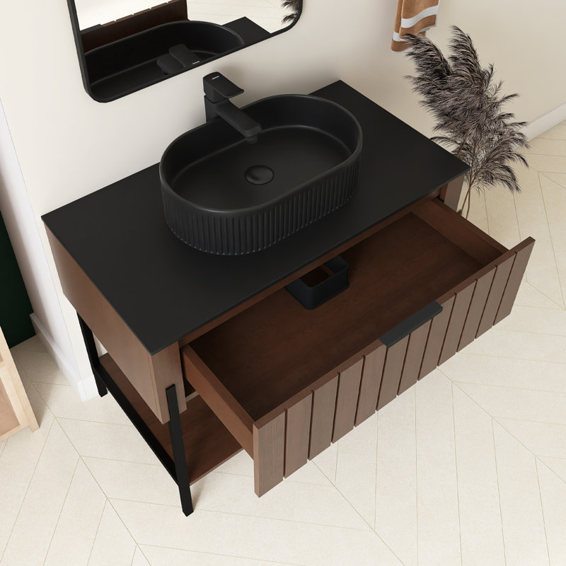 Meuble-lavabo autoportant simple en noyer foncé de 36 po x l 19 po x H 33 po avec plateau en pierre frittée noire