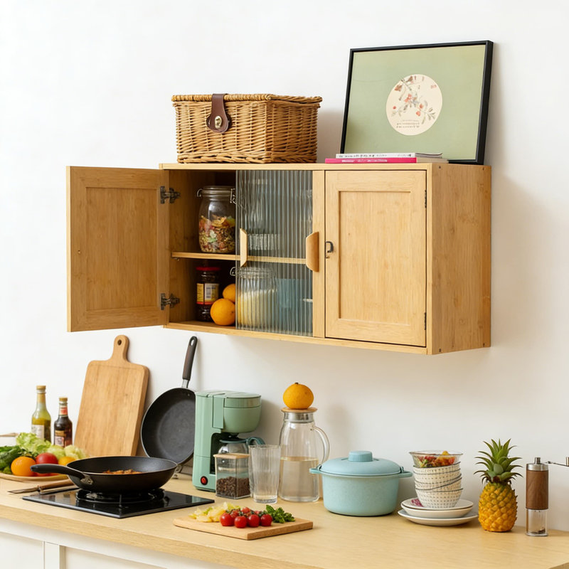 Armoire murale en bambou avec portes en verre - Petit buffet de garde-manger pour le rangement dans le salon, la salle à manger ou la chambre à coucher