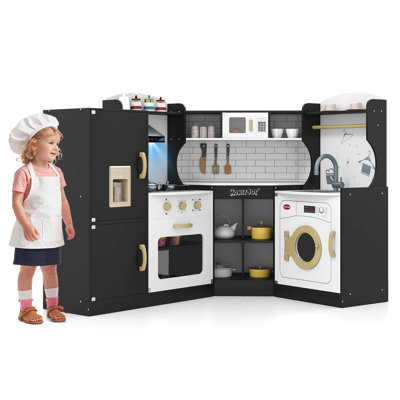 Corner Play Kitchen Toddler Kitchen Playset with Range Hood, Ice Maker, Microwave Black