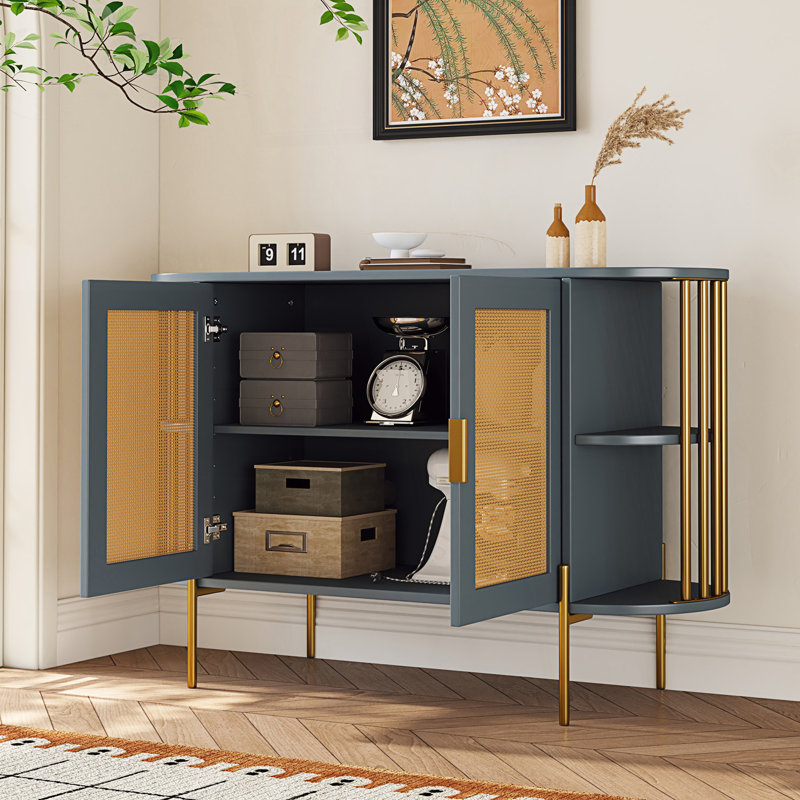 Armoire de salle à manger courbée moderne à 2 portes avec portes en rotin tissé, Gris foncé