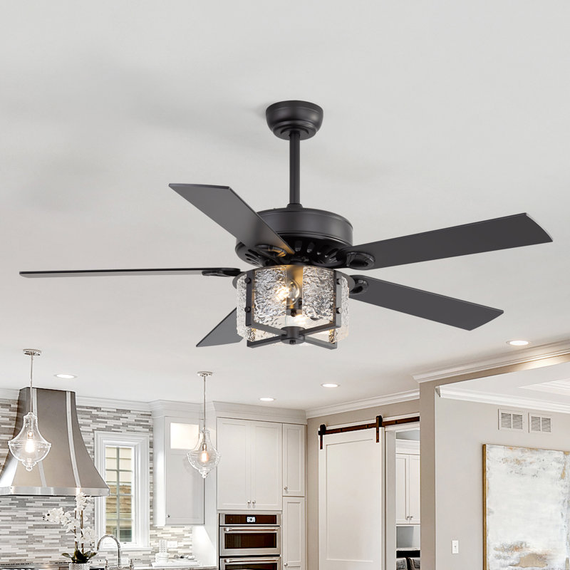52 Inch Ceiling Fan With Light, Ceiling Fan With 5 Blades, Hammered Glass Shade, Remote Control, Reversible Motor For Living Room Bedroom Dining Room
