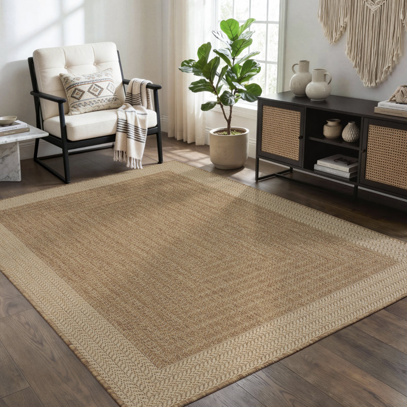 UV-Resistant Geometric Herringbone Indoor/Outdoor Area Rug In Natural Beige, Rectangle 8' x 10'