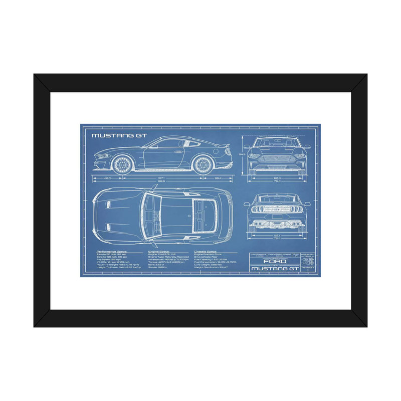 Mustang GT (2018-2020) Blueprint-impression de dessin, Blanc, Papier encadré noir, H 24 po x l 32 po x P 1 po