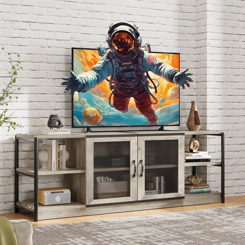 Meuble télé 71 po pour téléviseur 75 po, console multimédia grise avec portes en filet et tablettes ouvertes, centre de divertissement robuste pour salon, gris