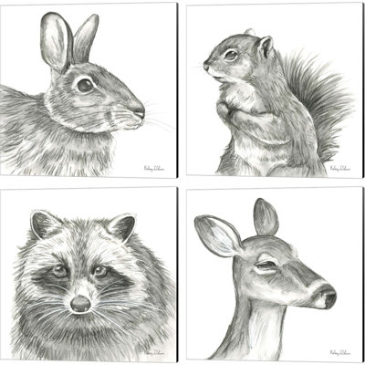 «Watercolor Pencil Forest (Rabbit, Squirrel, Raccoon & Fawn)» par Kelsey Wilson, art sur toile (ensemble de 4)
