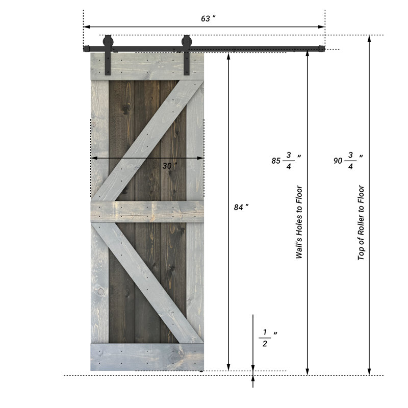 Porte de grange lambrissée peinte en bois et en métal, 30 po x 84 po, Acajou / gris