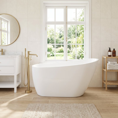 55" x 28" Acrylic Contemporary Freestanding Slipper Bathtub, Deep Soaking Function with Pop-up Drain & Integrated Overflow Components, Chrome Drain Cover, Glossy White