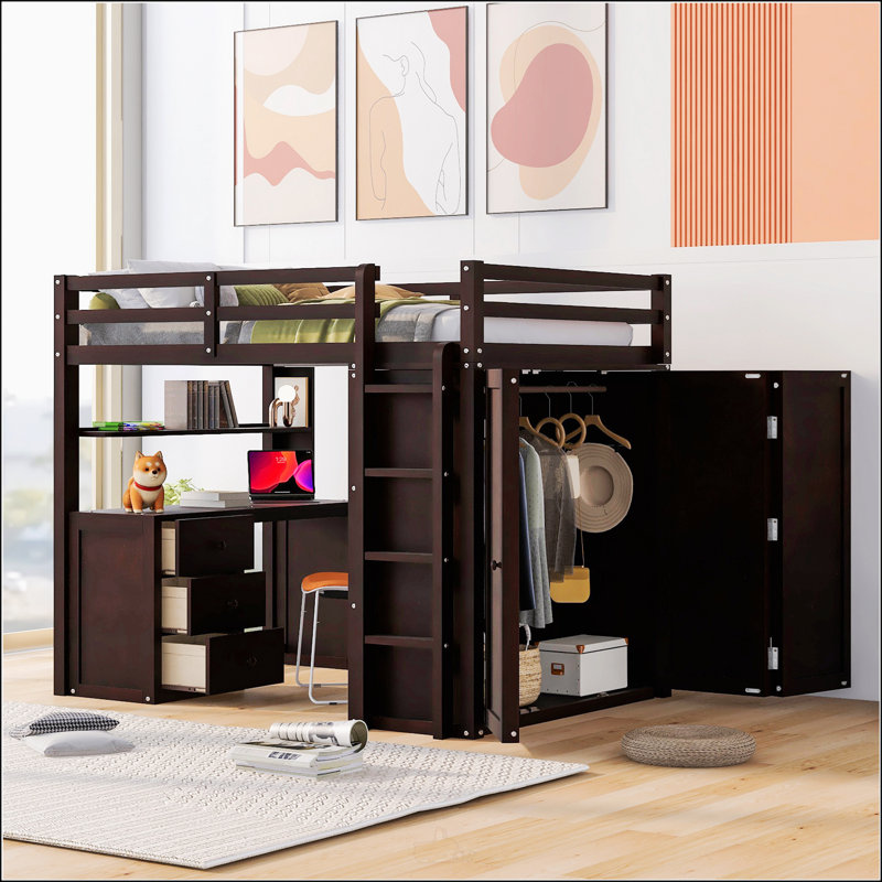Lit mezzanine double avec tiroirs, Double, Espresso