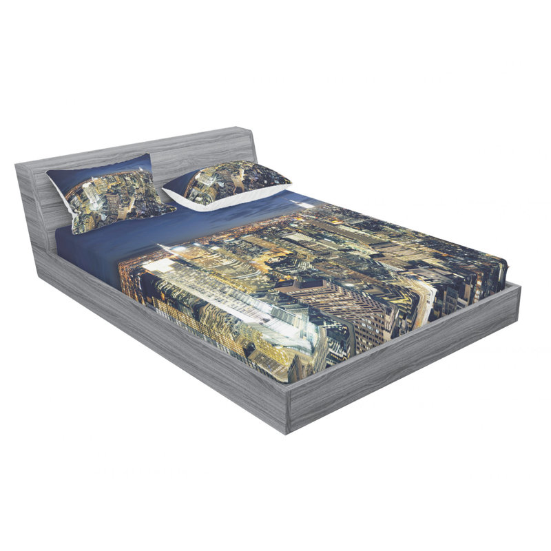 Ensemble de draps Cityscape After Sunset Manhattan New York, Ensemble de drap pour grand lit avec drap-housse