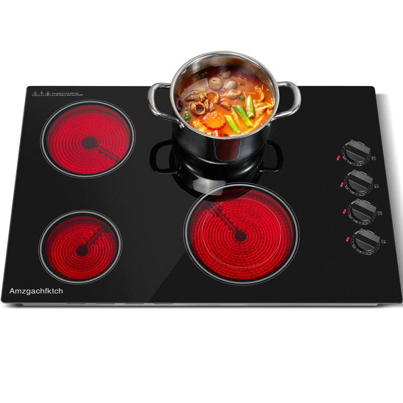 Surface de cuisson électrique 30 po - 4 brûleurs, plaque de cuisson en céramique encastrée, surface de cuisson électrique rayonnante de 30 po avec commande à bouton, indicateur de surface chaude, 6700 W, 220-240 V câblé