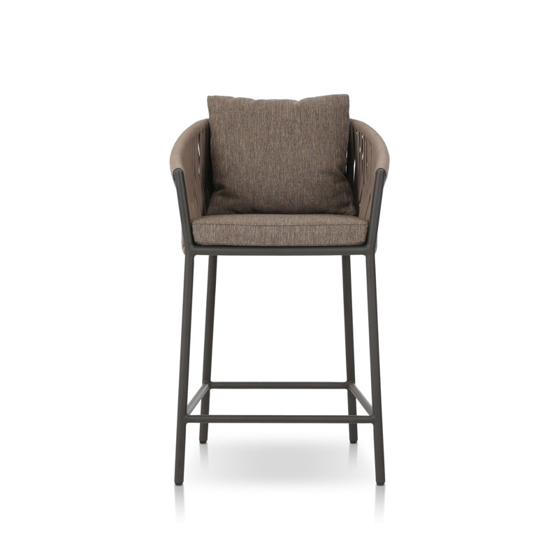 Tabouret de patio en teck avec coussin, 26.5", Brun, Noir