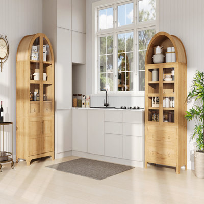Grand garde-manger arqué de 71 po avec tablettes de porte, armoire de rangement de style campagnard avec tablettes ouvertes et réglables, tiroir caché et porte vitrée, armoire de cuisine, salle à manger