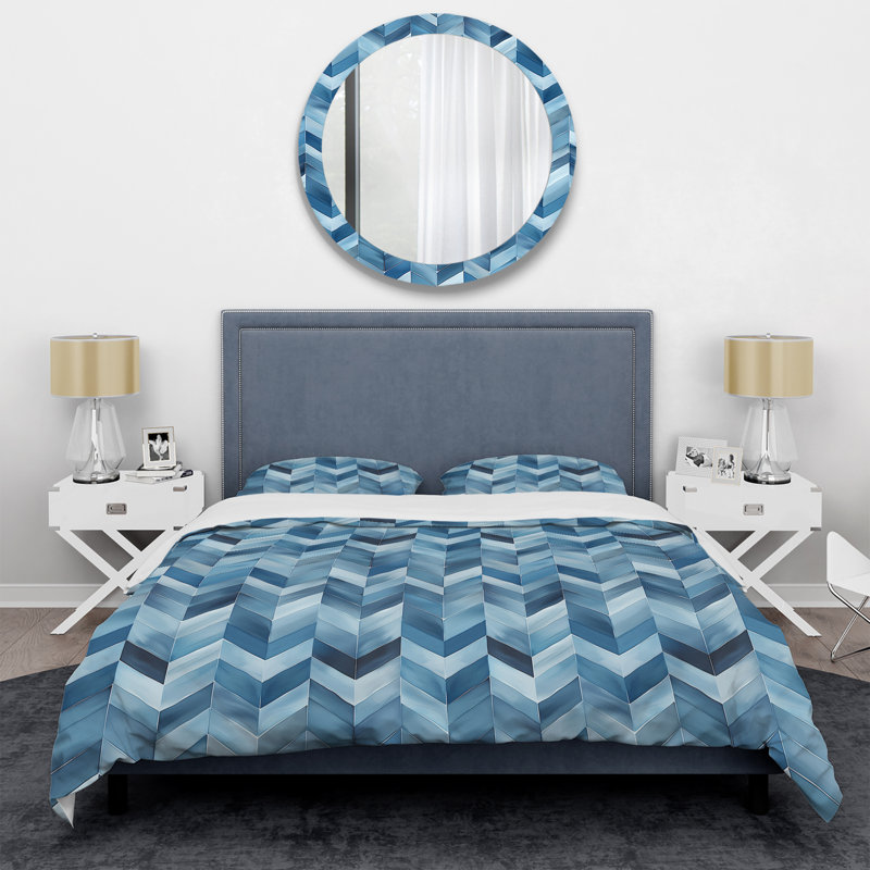White Blue Herringbone Pattern Glam - Modern Duvet Cover Set, Queen Duvet Cover + 2 Standard Shams