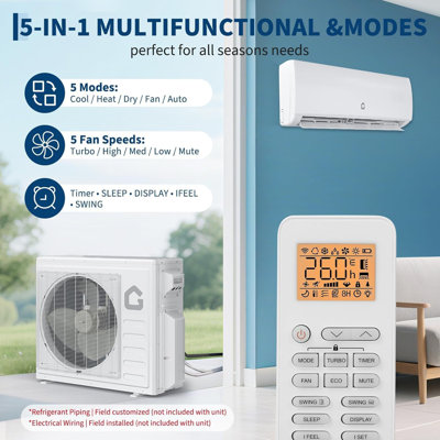 Mini climatiseur à deux zones et pompe à chaleur 19 SEER2 35K BTU à deux zones, 12 000 + 24 000 BTU, télécommande, 208-230 V, UDE préchargée, unité CA à onduleur et système de chauffage avec trousse d'installation
