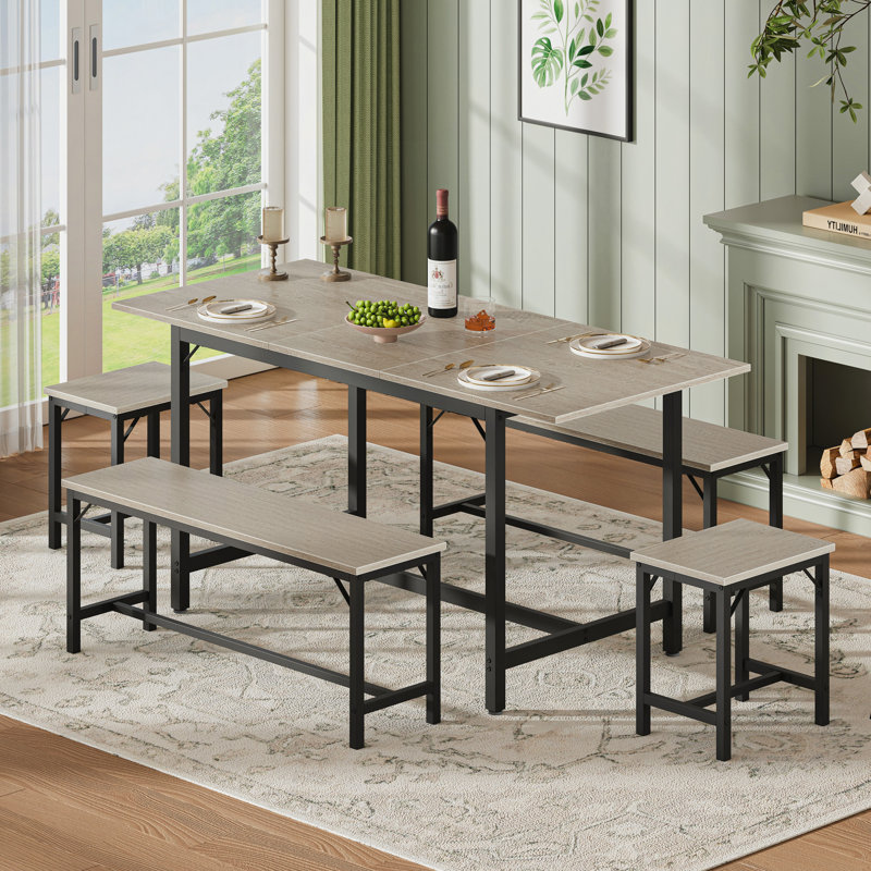 Ensemble de table de salle à manger extensible pour 4-8, grande table de cuisine extensible de 63 po avec 2 bancs et 2 tabourets, plateau en bois moderne et structure en métal, peu encombrant et facile à assembler