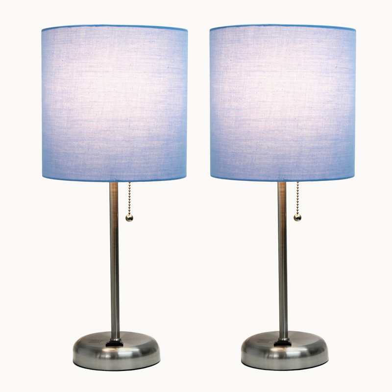 Blue Fabric Shade Table Lamp Set with Charging Outlet, 19.5"