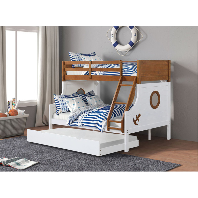 Lit superposé simple au-dessus d'un lit double de style moderne moderne avec rails en échelle attachés et structure de joint verrouillable pour lit supérieur au fini chêne sécuritaire Lit inférieur au fini blanc