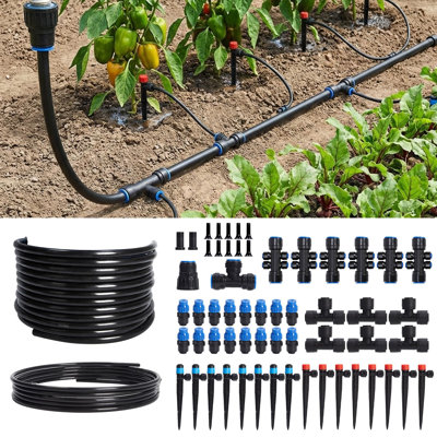 Ensemble d'arrosage automatique goutte à goutte avec tubulure principale et de dérivation de 33 pi et système d'arrosage rapide à branchement rapide sans outil pour les jardins et les serres