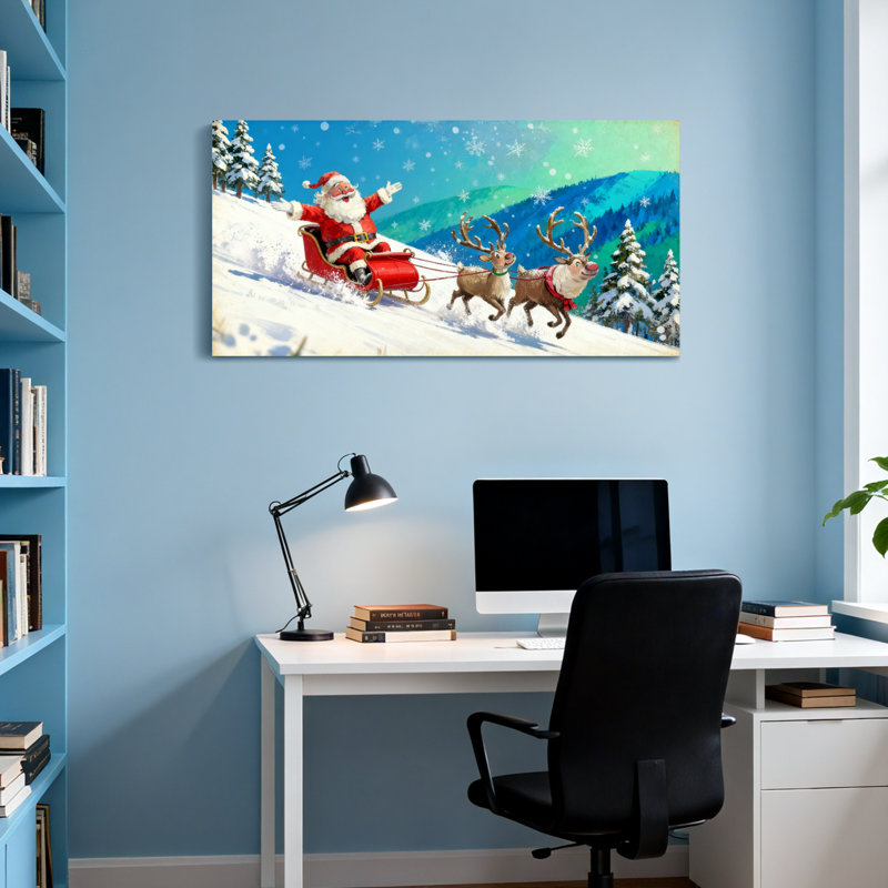 Noël, père Noël, traîneau, renne, montagnes enneigées, paysage d'hiver, H 20 po x l 40 po