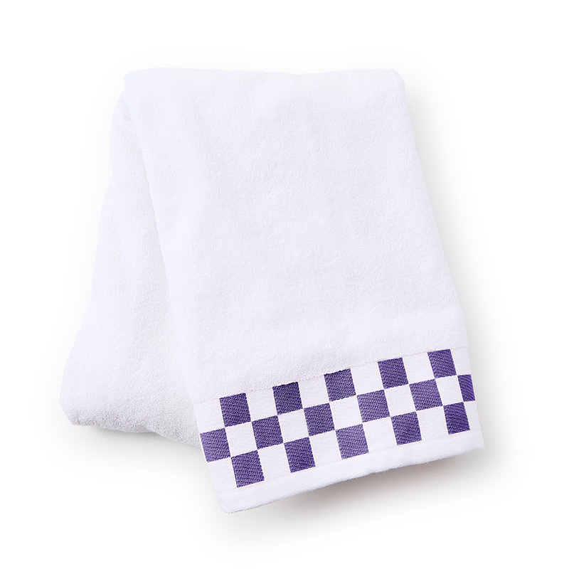 Bath Towel with Check Border, Purple/White