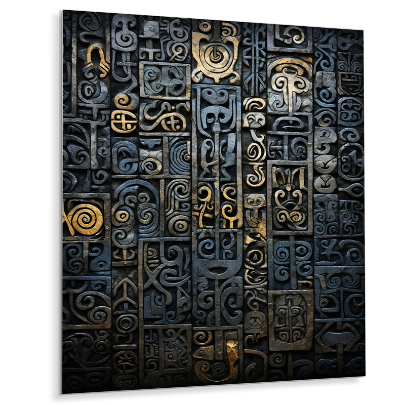 «Blue and Gold Maya Tile Impressions II», art mural en métal abstrait, H 20 po x l 12 po x P 1 po
