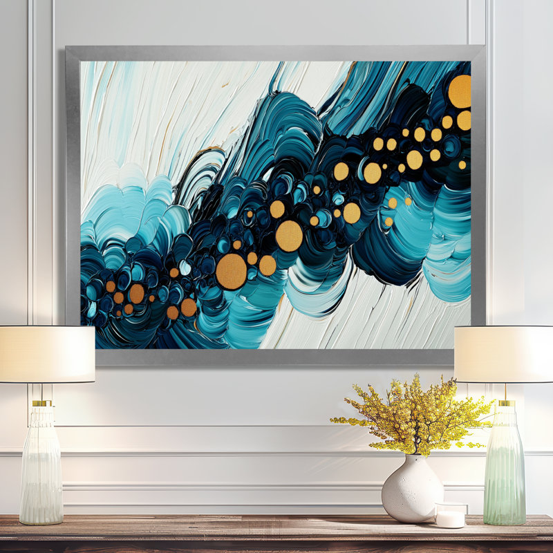 Abstrait impulsion turquoise de l'océan VI - art mural abstrait grand, H 12 po x l 20 po, Cadre simple, Argent argent