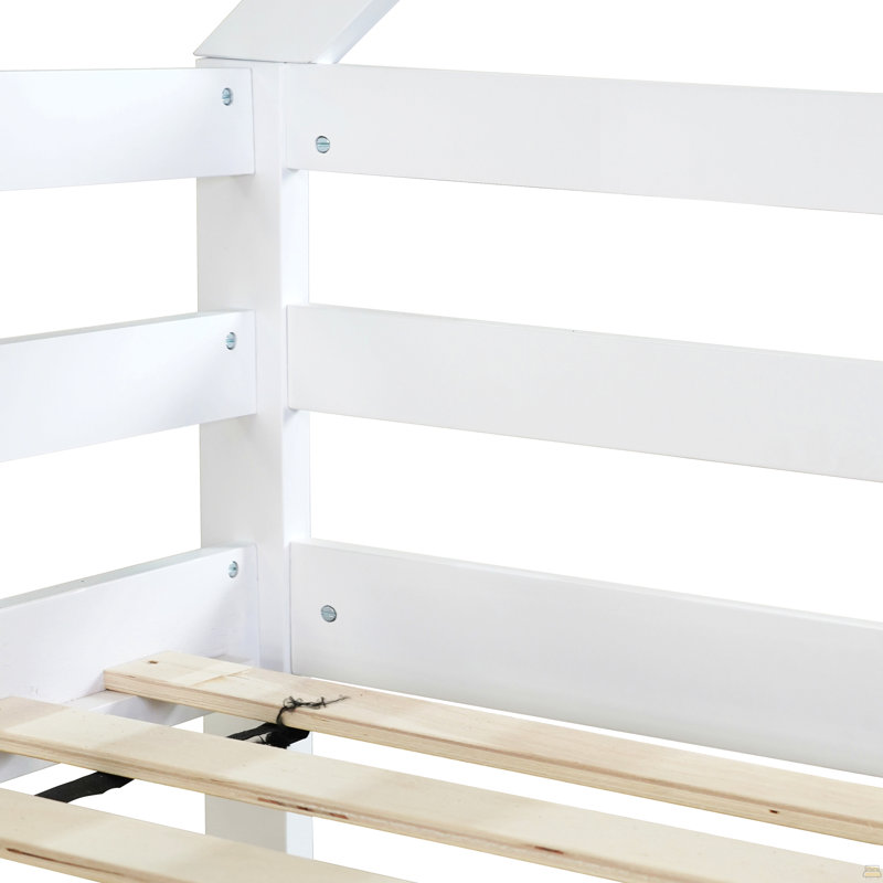 Twin Over Twin Rubber Wood Floor Bunk Bed, With Ladder,Guardrails, White