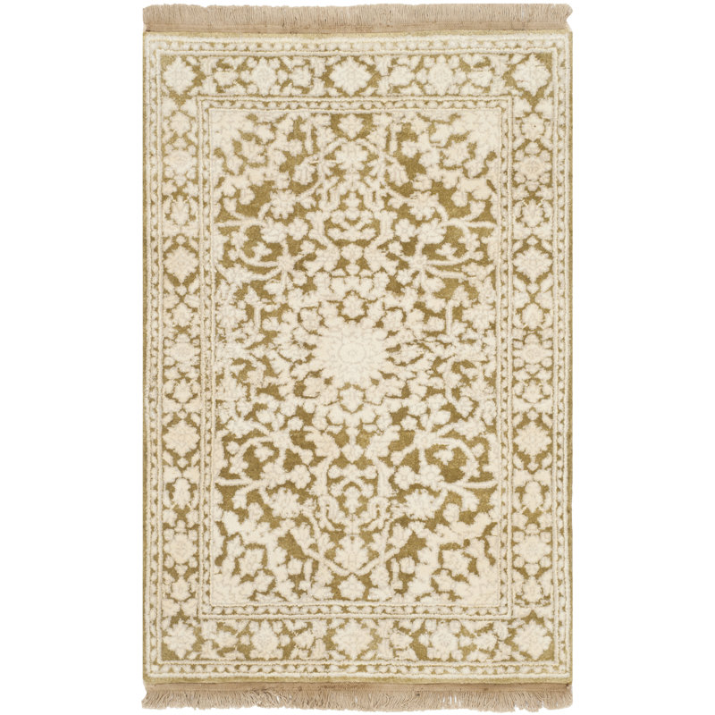 Teal and Ivory Hand-Knotted Wool Rectangular Rug