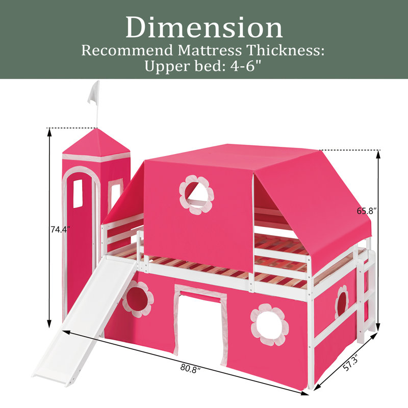 Lit mezzanine double avec tente et tour rose Slide, Complète, Rose
