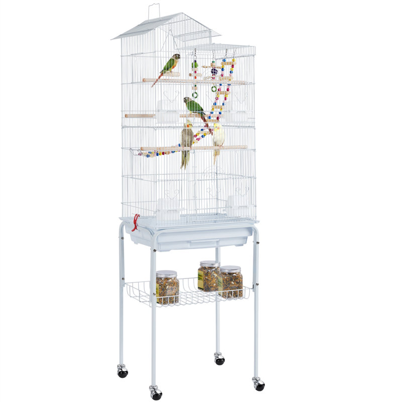 158.5cm Iron Pointed Top Floor Bird Cage with Wheels, White