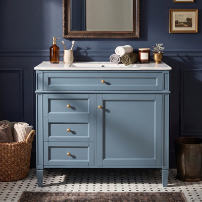 Meuble-lavabo sur pied 36 po avec lavabo en céramique blanc, armoire de rangement moderne avec 2 tiroirs, tablettes de porte, tablette réglable et tiroir basculant, meuble-lavabo simple blanc