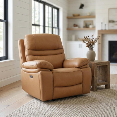 Modern Top Grain Leather Power Recliner Chair with USB Charging and Hidden Cupholders