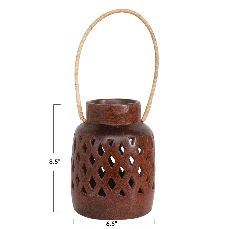 Handmade Terra-Cotta Lantern With Cut-Outs And Rattan Wrapped Handle, Reactive Glaze