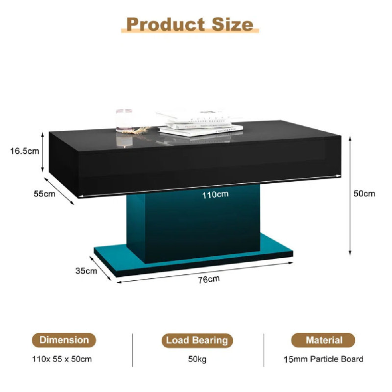 110x55x50cm High Gloss Coffee Table with 16 Colors LED Lights, Black
