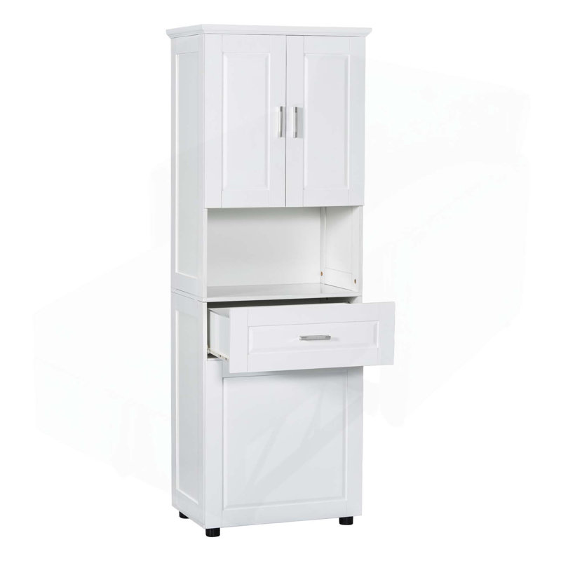 Armoire de salle de bain polyvalente avec panier à linge et nombreuses options de rangement, White
