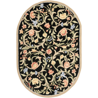 Hollander Floral Handmade Hooked Wool Black/Beige Area Rug