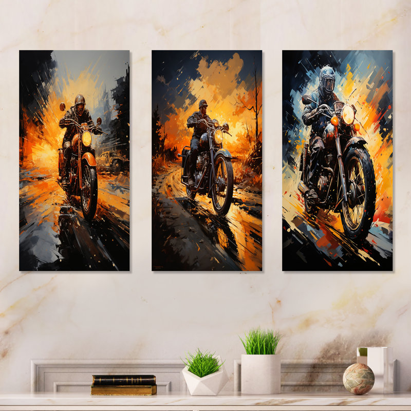 Yellow Dirt Bike Adventure - Ensemble de 3 décorations murales moto, H 28 po x l 36 po, Toile tendue