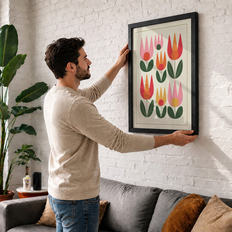 Stylized Tulip Composition Mid-Century - Framed Print, Black, A4 - 29.7 x 21.0 cm