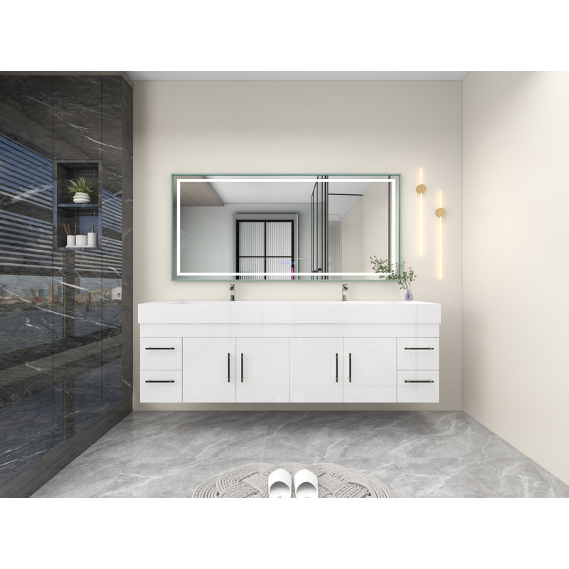 84" Double Sink Bathroom Vanity Set, High Gloss White