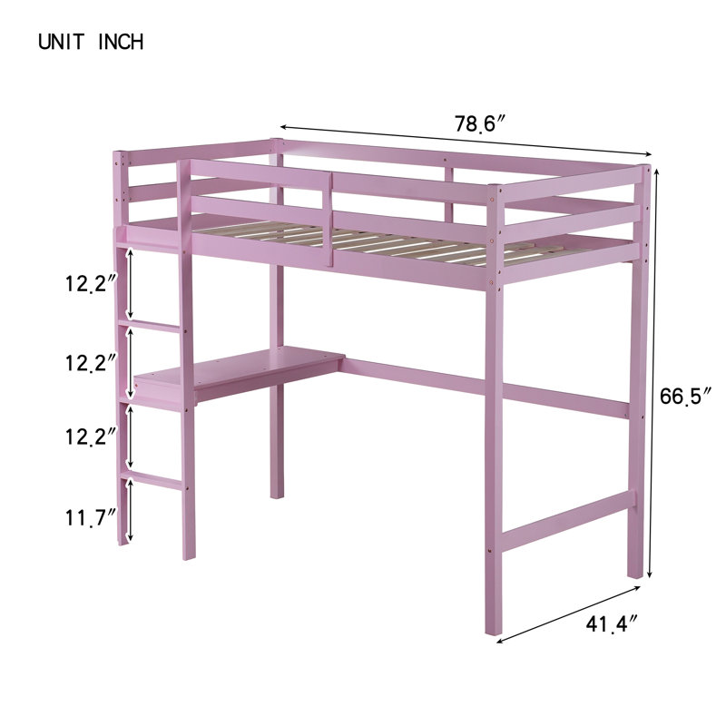 Twin High Loft Bed, Rubber Wood  Loft Bed with Safety Guardrail, built-in desk, ladder, Pink