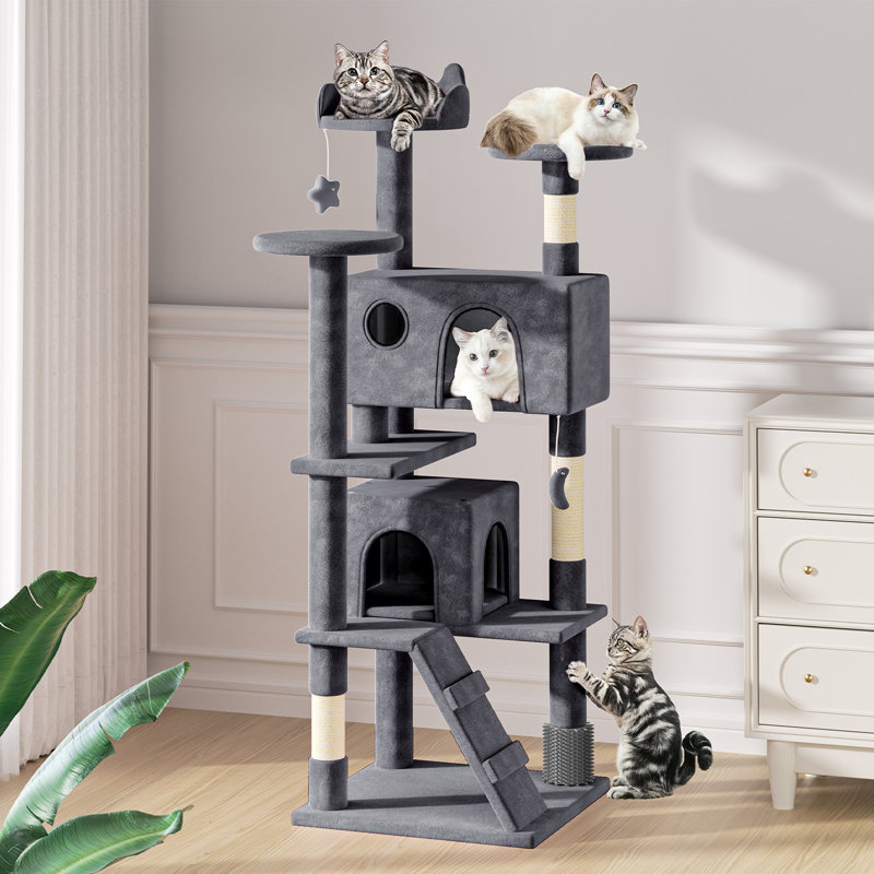 Lizzie Cat Tree Multi Level Play Tower Condo Cat Sisal Scratching Posts with Perches, Ramp and Brush, 70" H x 30" W x 32" D