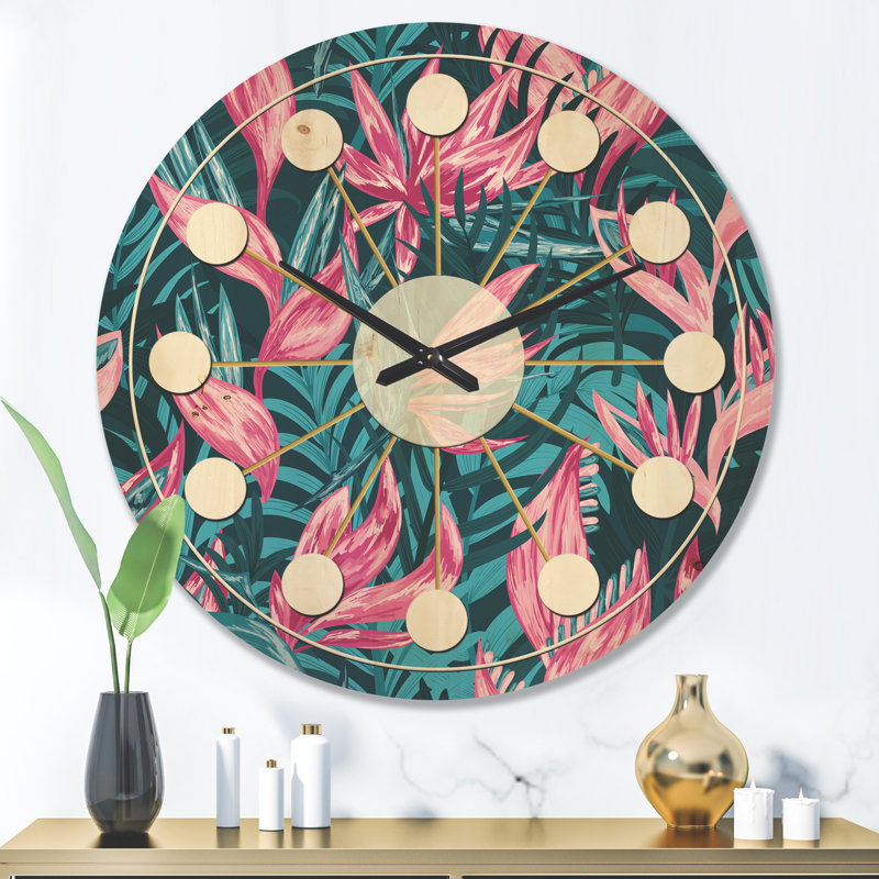Fleurs tropicales - Horloge murale moderne en bois Mid-Century, Très grand