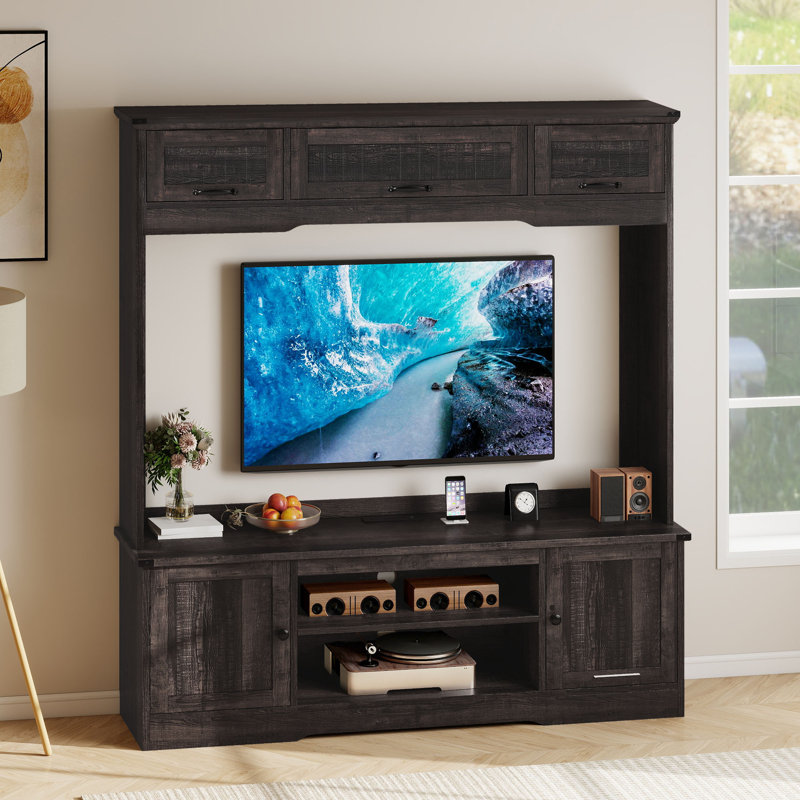 63"W Wall Unit Entertainment Center With Power Outlets & Adjustable Storage Cabinet, Black Oak