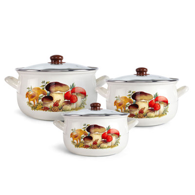 Vintage Country Style Pattern Enamel Belly Deep Stock Pot with Glass Lid